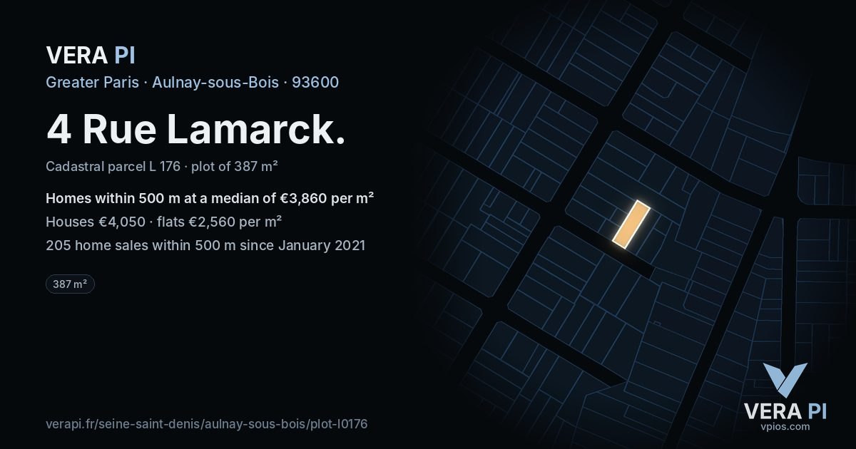 4 Rue Lamarck, Aulnay-sous-Bois at night – the plot lit, the parcels around coloured by the prices near them
