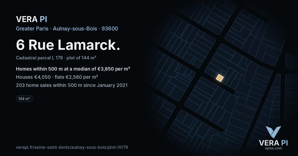 6 Rue Lamarck, Aulnay-sous-Bois at night – the plot lit, the parcels around coloured by the prices near them