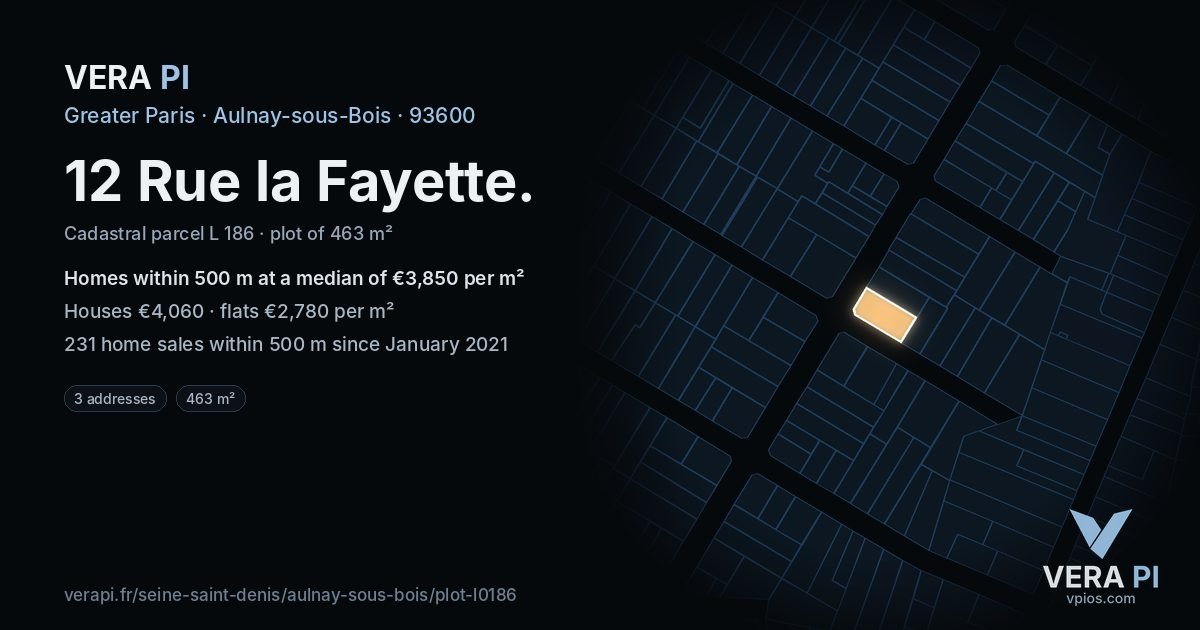 12 Rue la Fayette, Aulnay-sous-Bois at night – the plot lit, the parcels around coloured by the prices near them