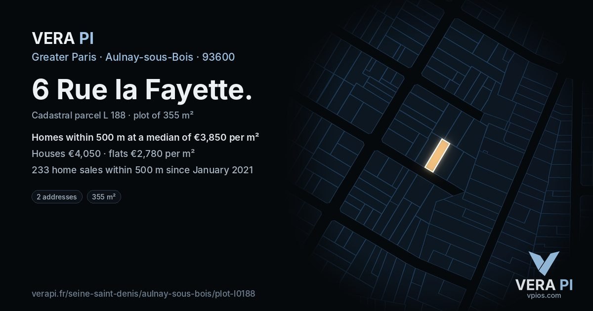 6 Rue la Fayette, Aulnay-sous-Bois at night – the plot lit, the parcels around coloured by the prices near them