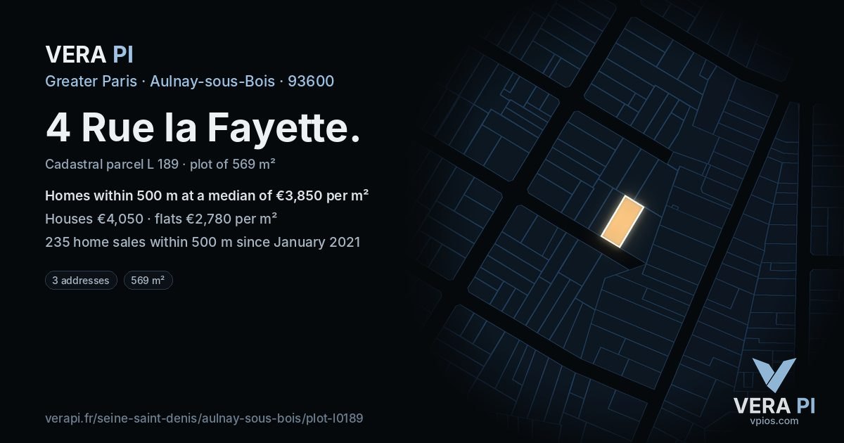 4 Rue la Fayette, Aulnay-sous-Bois at night – the plot lit, the parcels around coloured by the prices near them