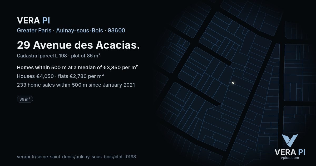 29 Avenue des Acacias, Aulnay-sous-Bois at night – the plot lit, the parcels around coloured by the prices near them