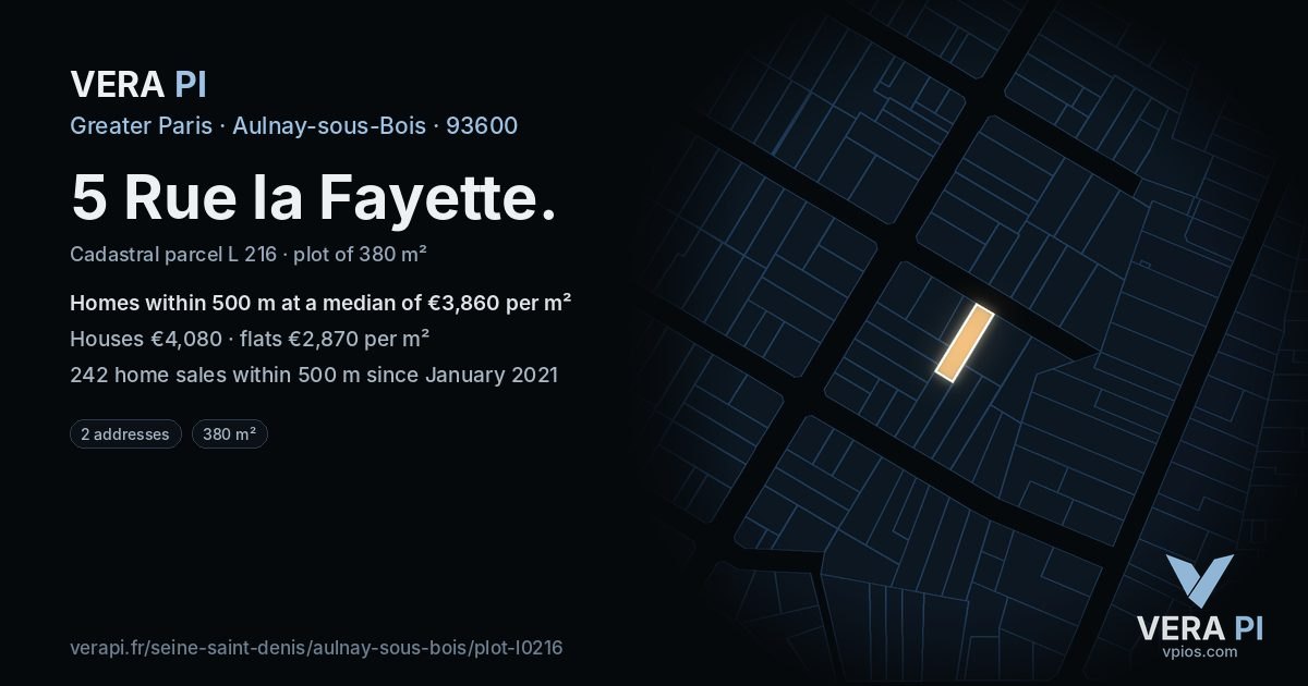 5 Rue la Fayette, Aulnay-sous-Bois at night – the plot lit, the parcels around coloured by the prices near them