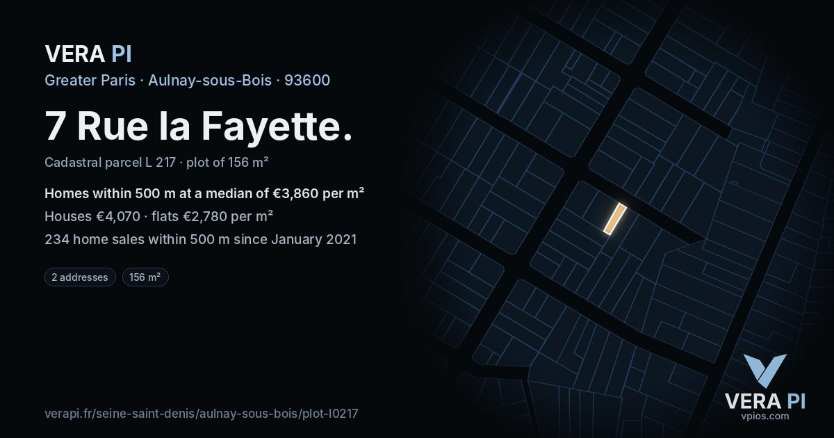 7 Rue la Fayette, Aulnay-sous-Bois at night – the plot lit, the parcels around coloured by the prices near them