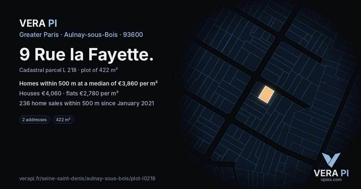 9 Rue la Fayette, Aulnay-sous-Bois at night – the plot lit, the parcels around coloured by the prices near them