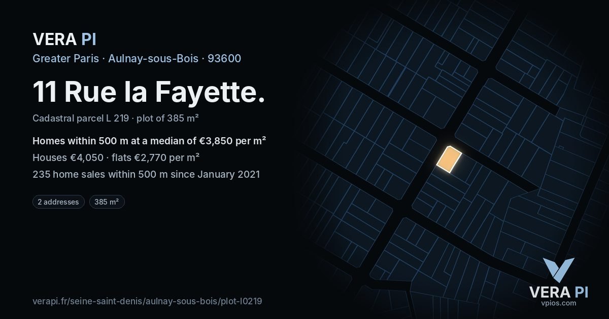 11 Rue la Fayette, Aulnay-sous-Bois at night – the plot lit, the parcels around coloured by the prices near them