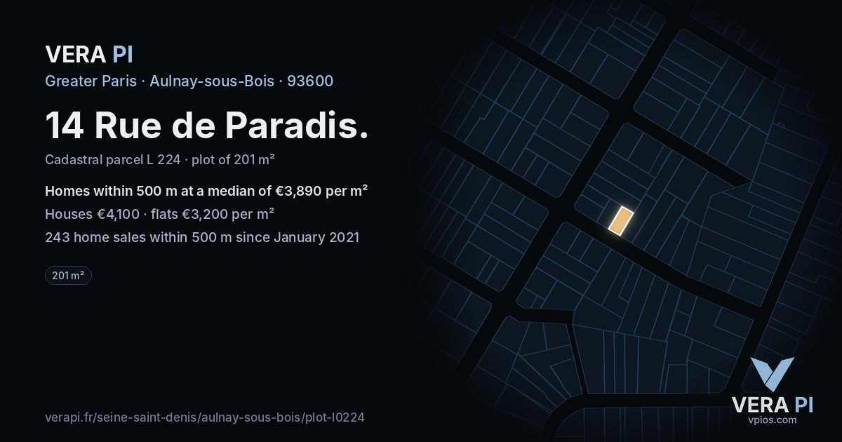 14 Rue de Paradis, Aulnay-sous-Bois at night – the plot lit, the parcels around coloured by the prices near them