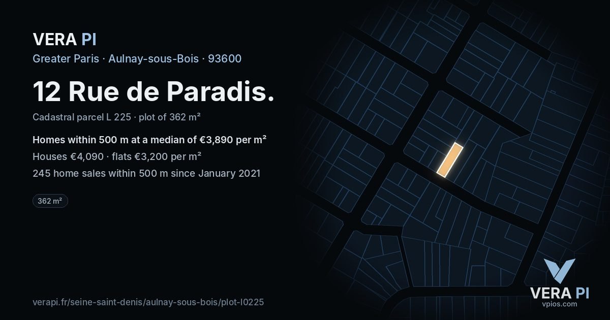 12 Rue de Paradis, Aulnay-sous-Bois at night – the plot lit, the parcels around coloured by the prices near them