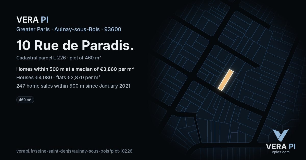 10 Rue de Paradis, Aulnay-sous-Bois at night – the plot lit, the parcels around coloured by the prices near them