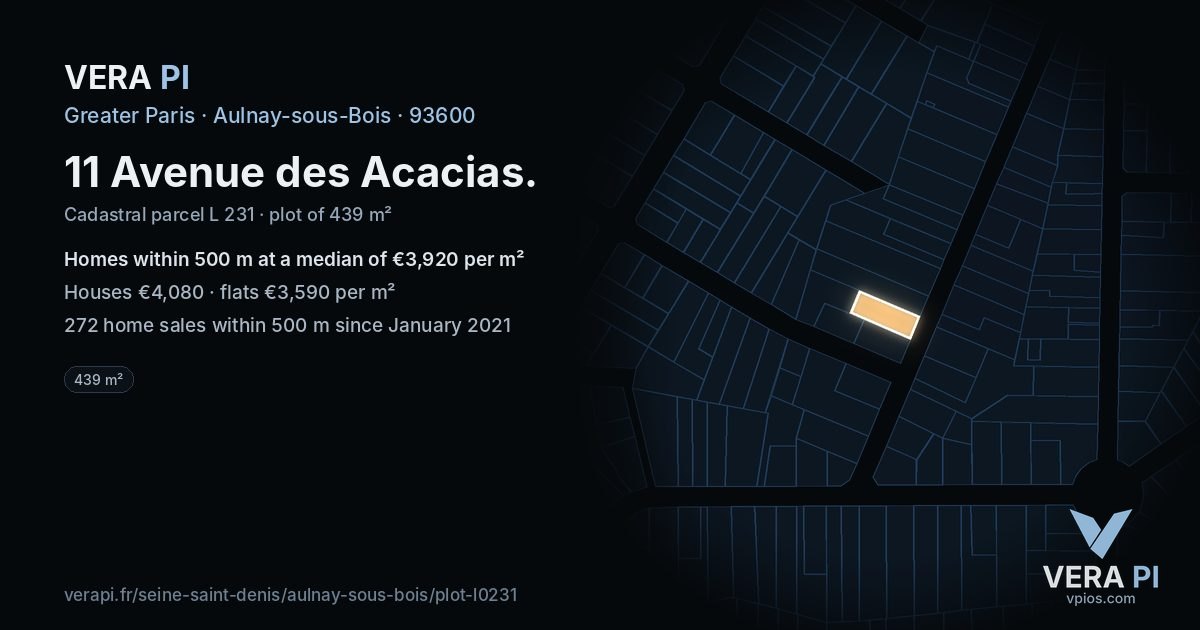 11 Avenue des Acacias, Aulnay-sous-Bois at night – the plot lit, the parcels around coloured by the prices near them