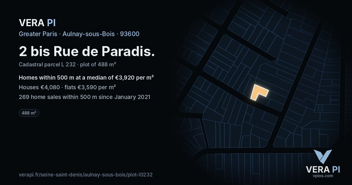 2 bis Rue de Paradis, Aulnay-sous-Bois at night – the plot lit, the parcels around coloured by the prices near them
