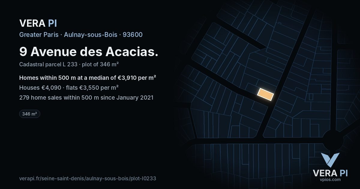 9 Avenue des Acacias, Aulnay-sous-Bois at night – the plot lit, the parcels around coloured by the prices near them