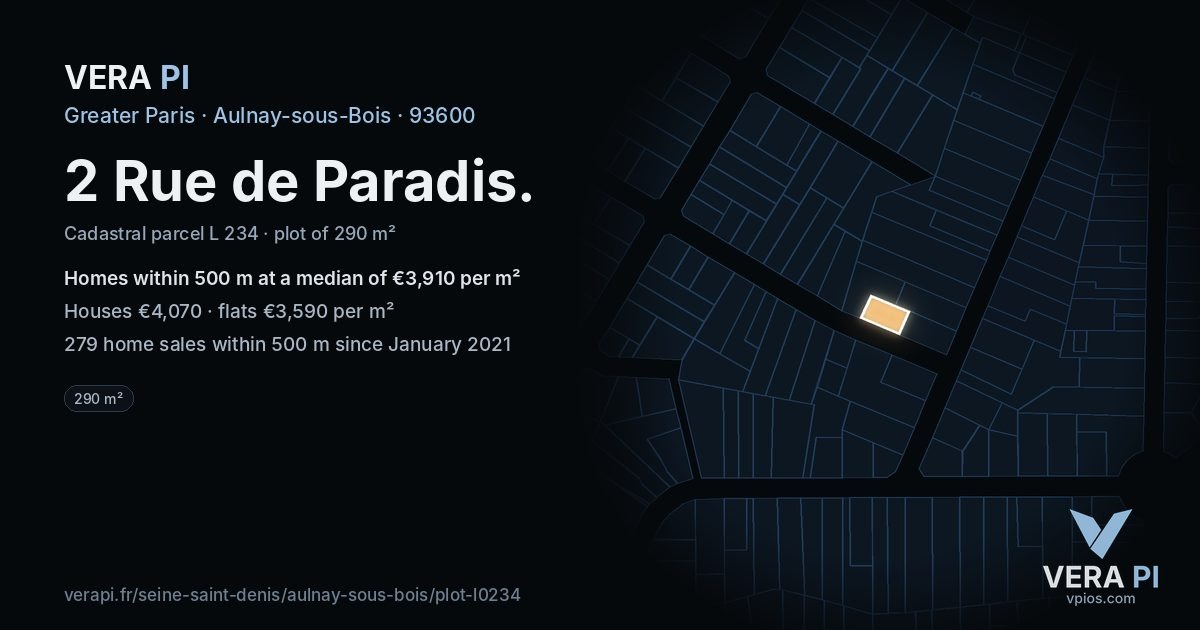 2 Rue de Paradis, Aulnay-sous-Bois at night – the plot lit, the parcels around coloured by the prices near them