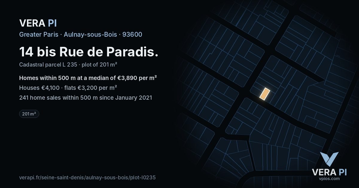14 bis Rue de Paradis, Aulnay-sous-Bois at night – the plot lit, the parcels around coloured by the prices near them