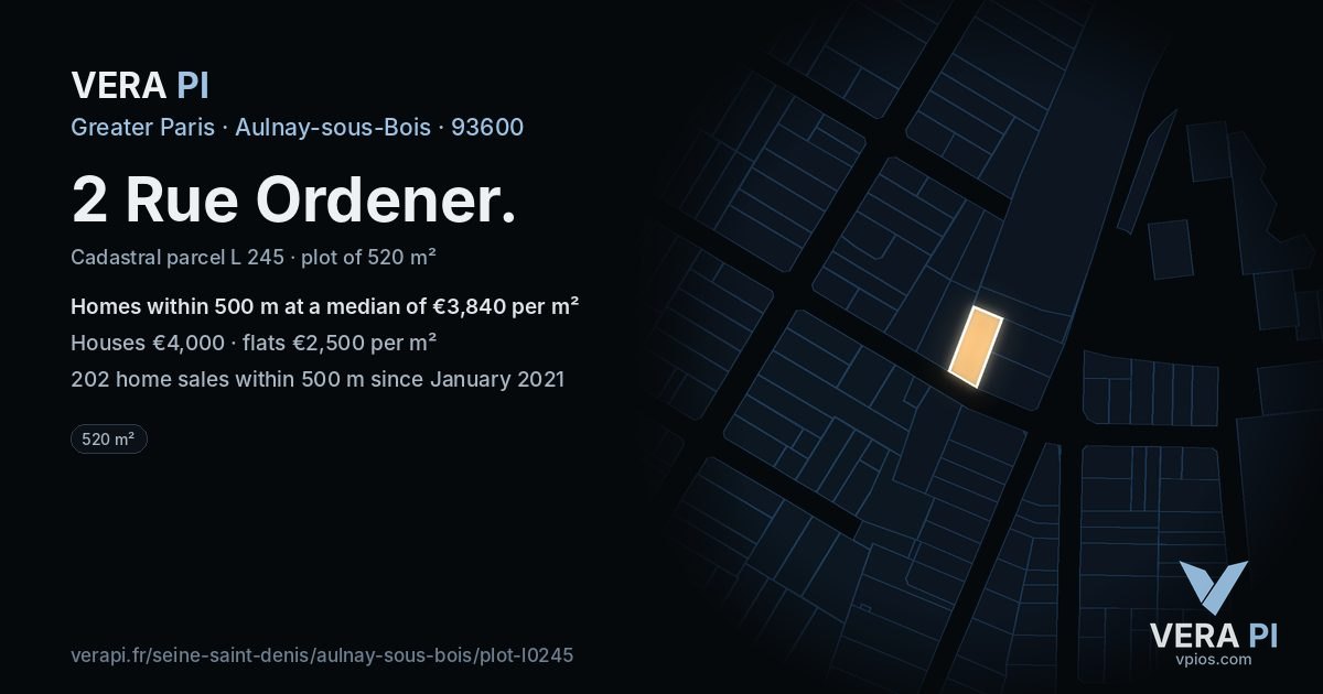 2 Rue Ordener, Aulnay-sous-Bois at night – the plot lit, the parcels around coloured by the prices near them