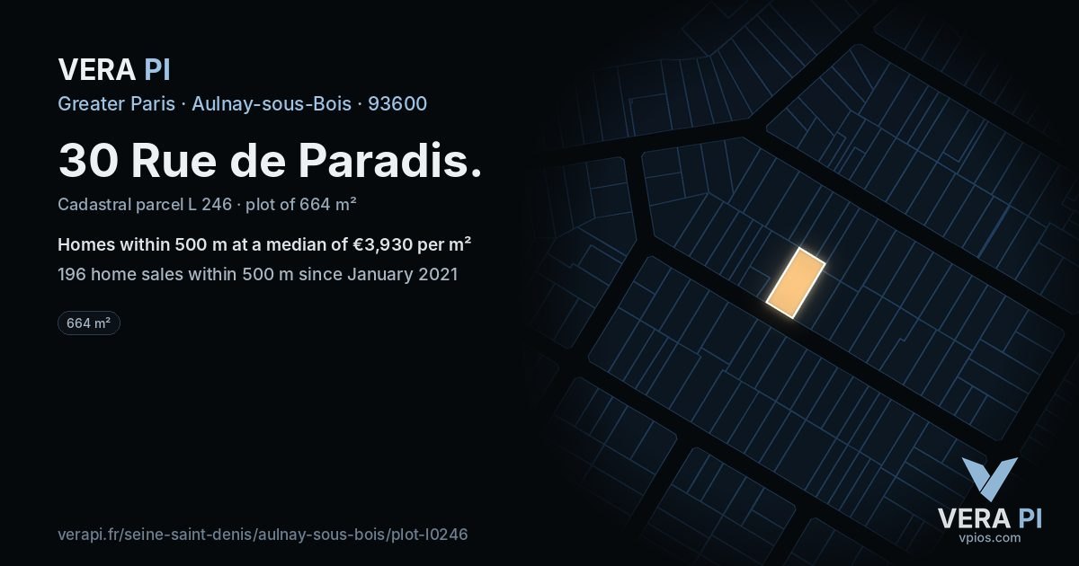 30 Rue de Paradis, Aulnay-sous-Bois at night – the plot lit, the parcels around coloured by the prices near them