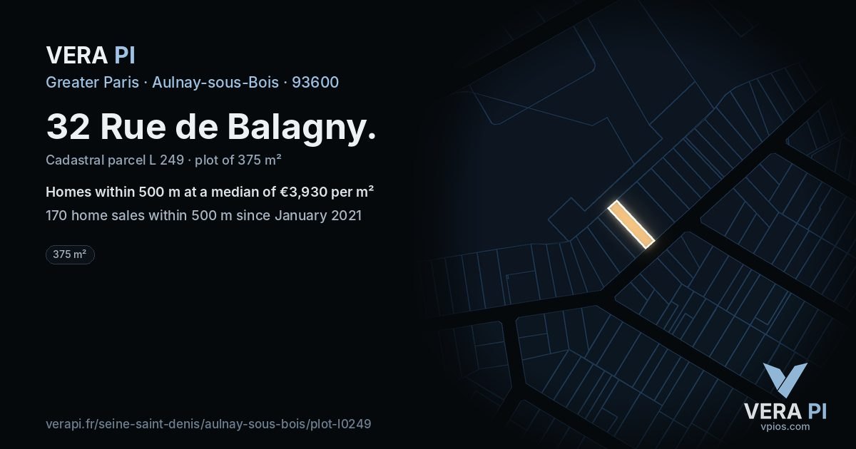 32 Rue de Balagny, Aulnay-sous-Bois at night – the plot lit, the parcels around coloured by the prices near them