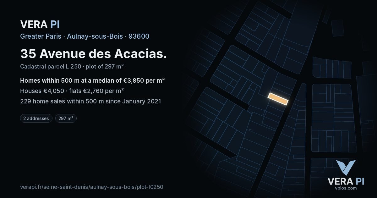 35 Avenue des Acacias, Aulnay-sous-Bois at night – the plot lit, the parcels around coloured by the prices near them