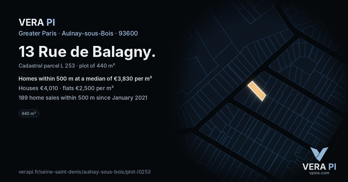 13 Rue de Balagny, Aulnay-sous-Bois at night – the plot lit, the parcels around coloured by the prices near them