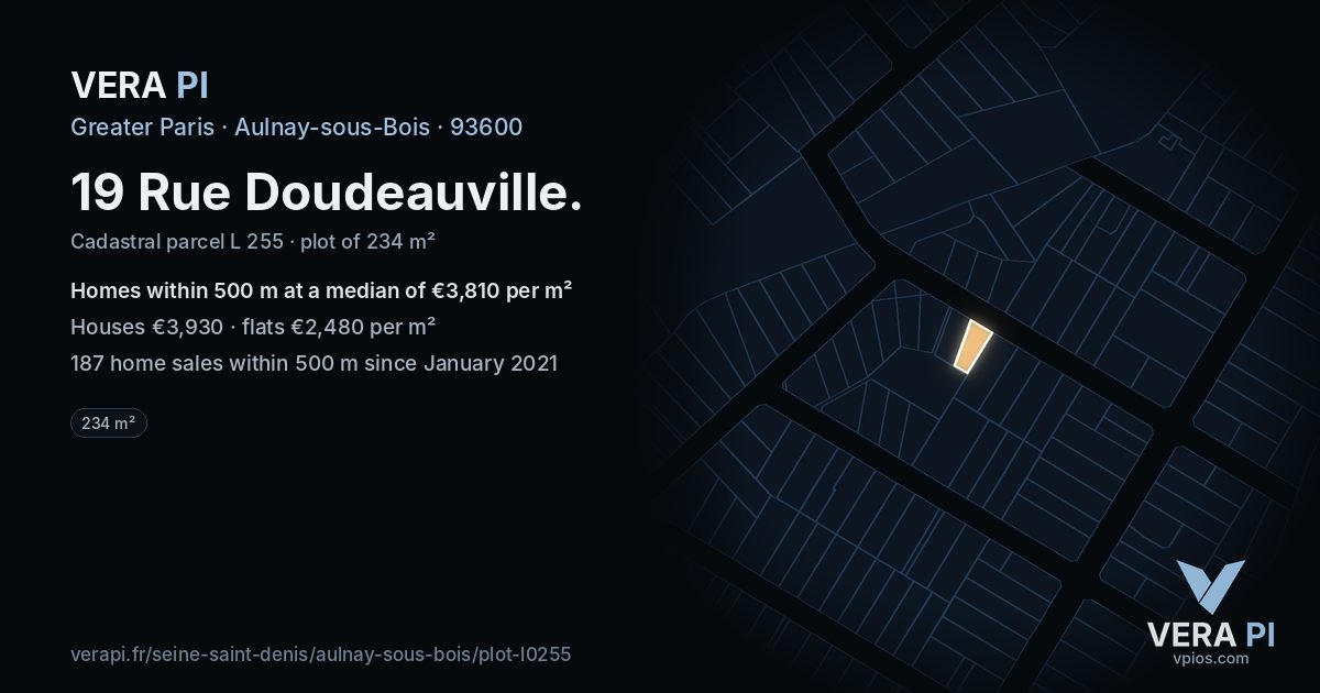 19 Rue Doudeauville, Aulnay-sous-Bois at night – the plot lit, the parcels around coloured by the prices near them
