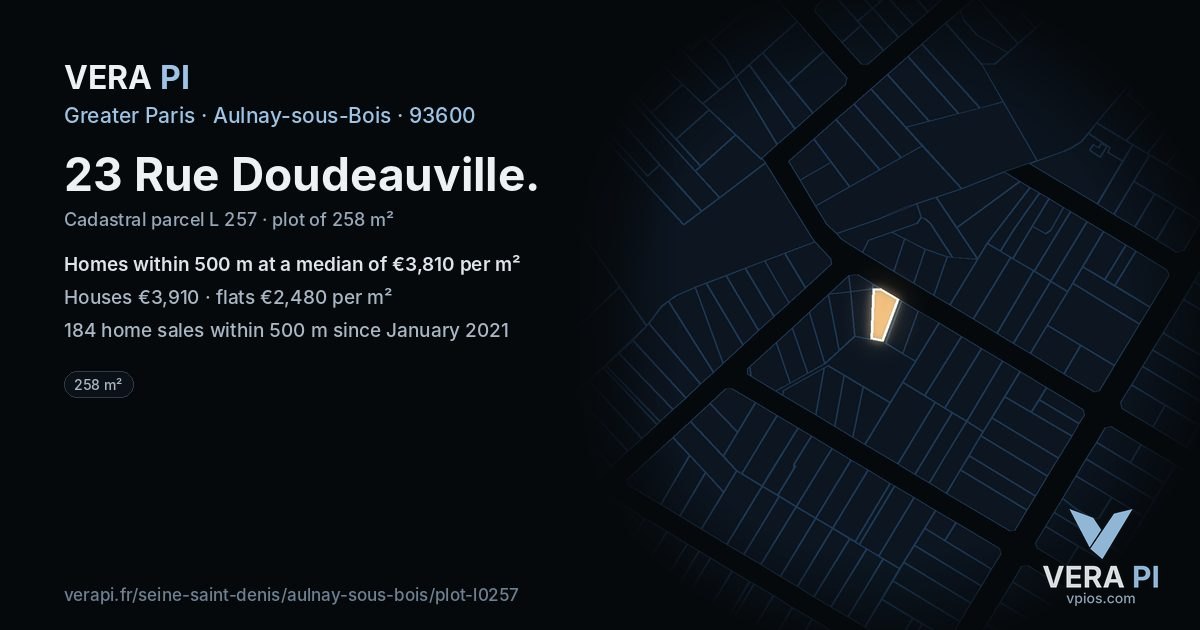 23 Rue Doudeauville, Aulnay-sous-Bois at night – the plot lit, the parcels around coloured by the prices near them
