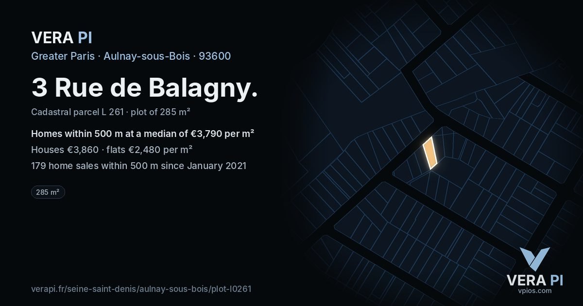 3 Rue de Balagny, Aulnay-sous-Bois at night – the plot lit, the parcels around coloured by the prices near them