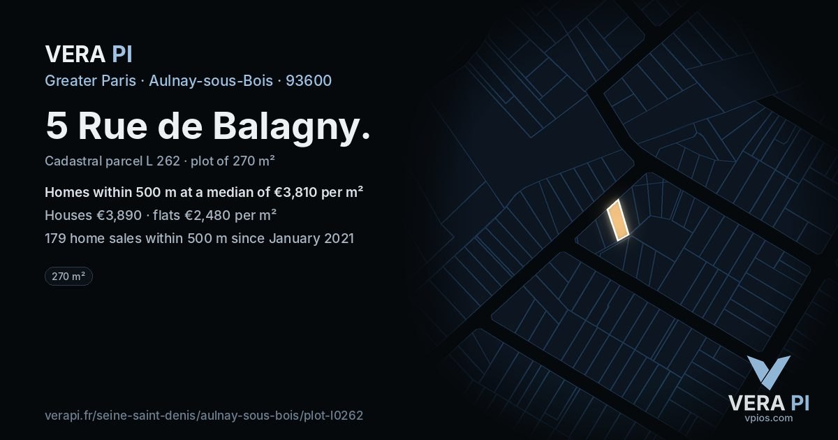 5 Rue de Balagny, Aulnay-sous-Bois at night – the plot lit, the parcels around coloured by the prices near them