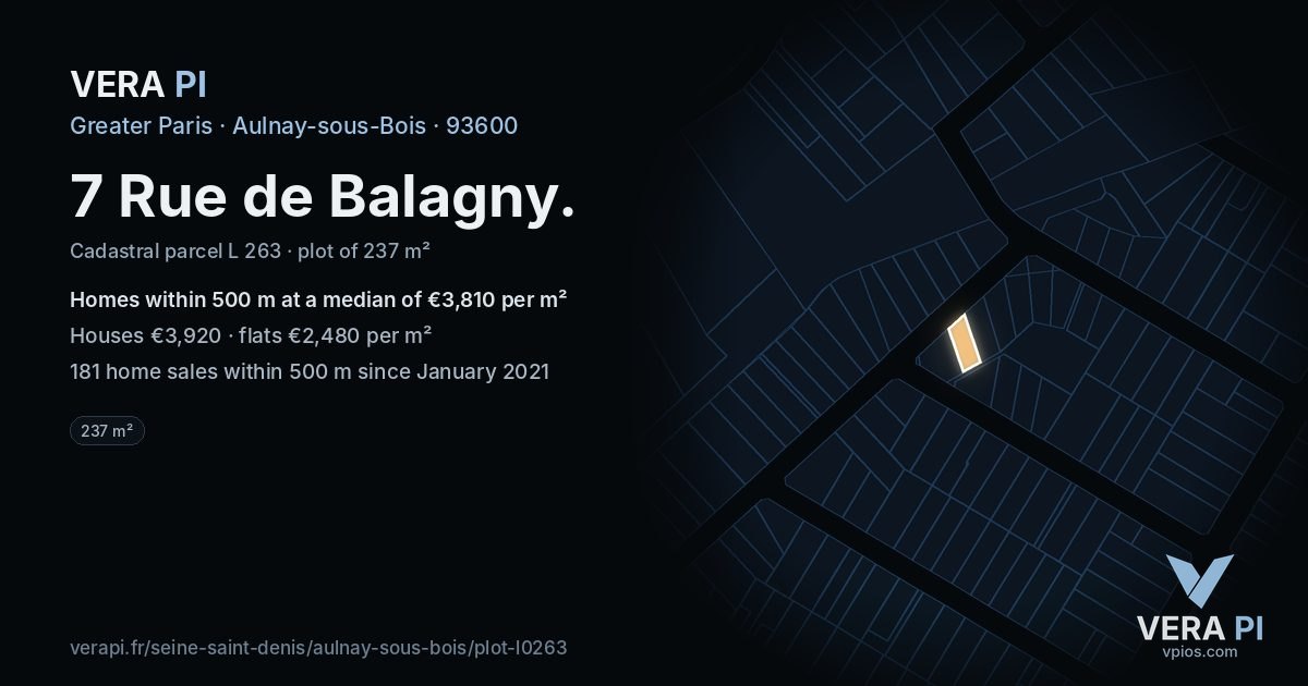 7 Rue de Balagny, Aulnay-sous-Bois at night – the plot lit, the parcels around coloured by the prices near them