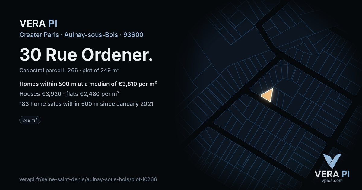 30 Rue Ordener, Aulnay-sous-Bois at night – the plot lit, the parcels around coloured by the prices near them