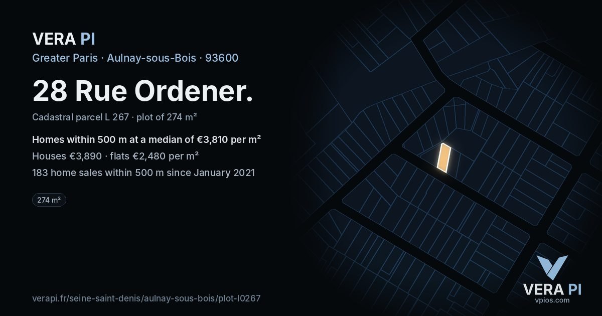 28 Rue Ordener, Aulnay-sous-Bois at night – the plot lit, the parcels around coloured by the prices near them