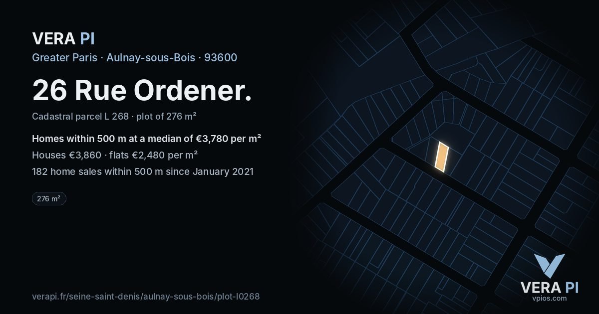 26 Rue Ordener, Aulnay-sous-Bois at night – the plot lit, the parcels around coloured by the prices near them