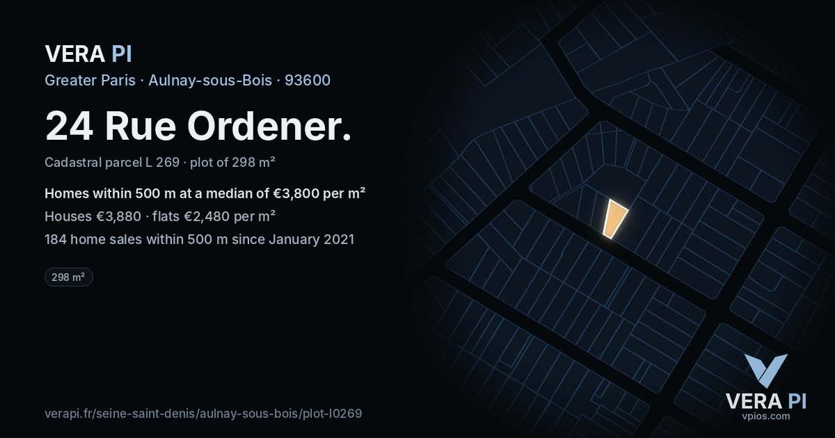 24 Rue Ordener, Aulnay-sous-Bois at night – the plot lit, the parcels around coloured by the prices near them