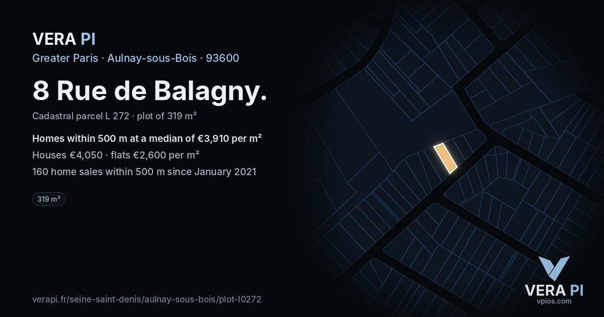 8 Rue de Balagny, Aulnay-sous-Bois at night – the plot lit, the parcels around coloured by the prices near them