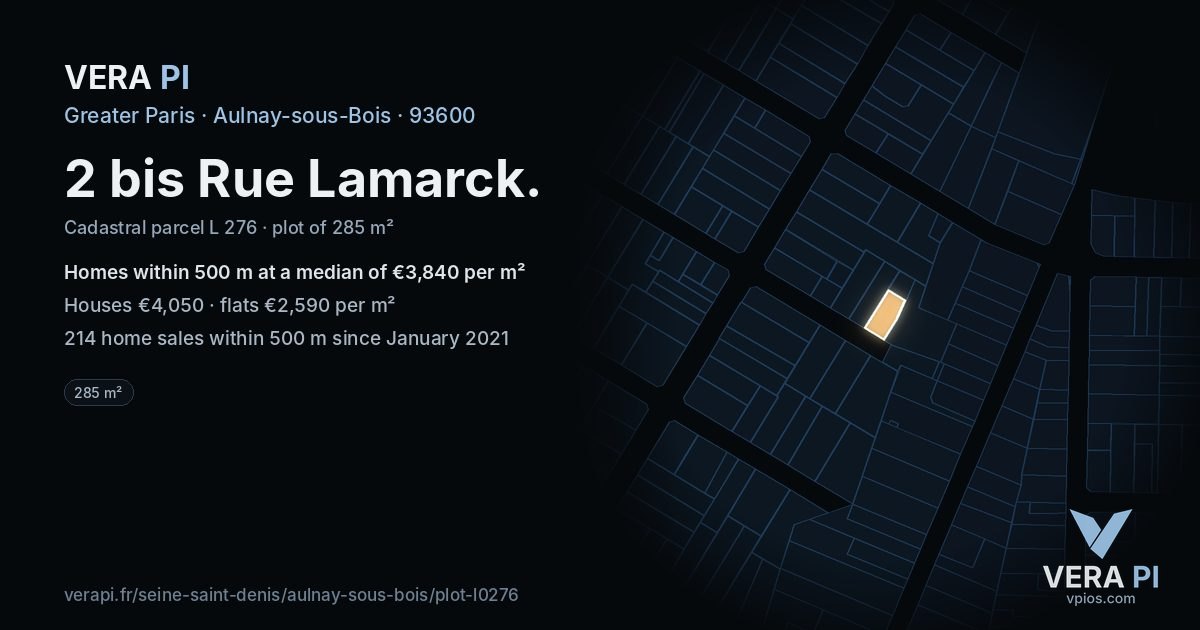2 bis Rue Lamarck, Aulnay-sous-Bois at night – the plot lit, the parcels around coloured by the prices near them