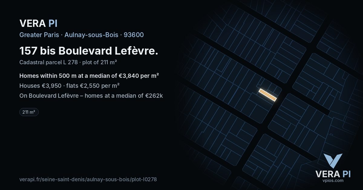 157 bis Boulevard Lefèvre, Aulnay-sous-Bois at night – the plot lit, the parcels around coloured by the prices near them