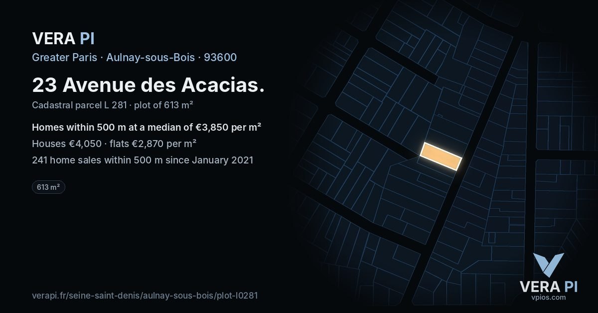 23 Avenue des Acacias, Aulnay-sous-Bois at night – the plot lit, the parcels around coloured by the prices near them
