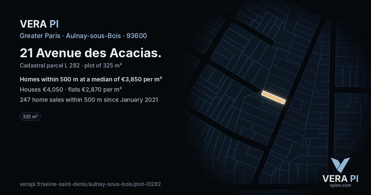 21 Avenue des Acacias, Aulnay-sous-Bois at night – the plot lit, the parcels around coloured by the prices near them