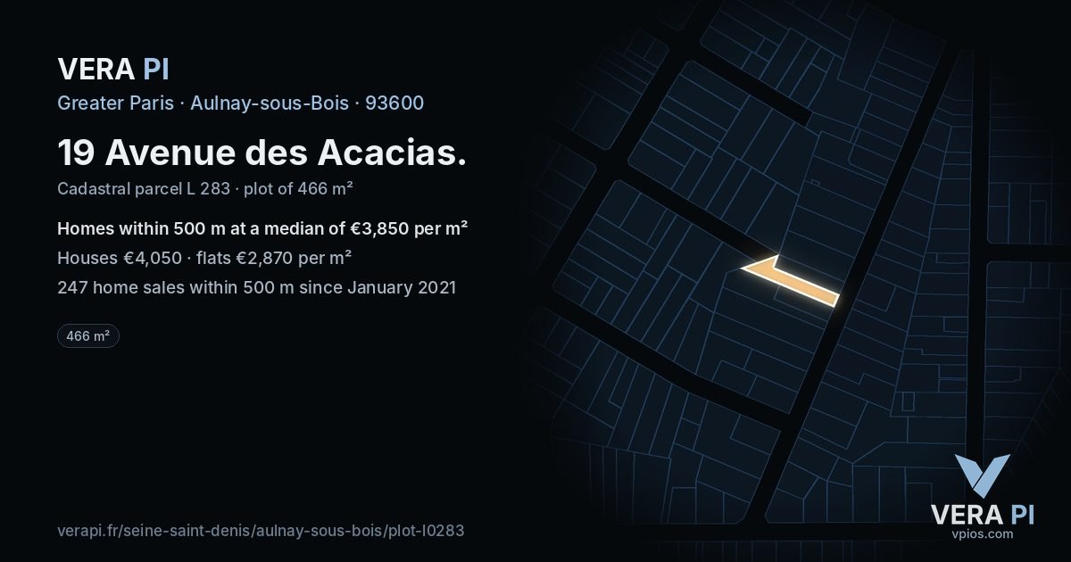 19 Avenue des Acacias, Aulnay-sous-Bois at night – the plot lit, the parcels around coloured by the prices near them
