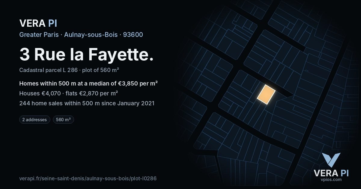 3 Rue la Fayette, Aulnay-sous-Bois at night – the plot lit, the parcels around coloured by the prices near them