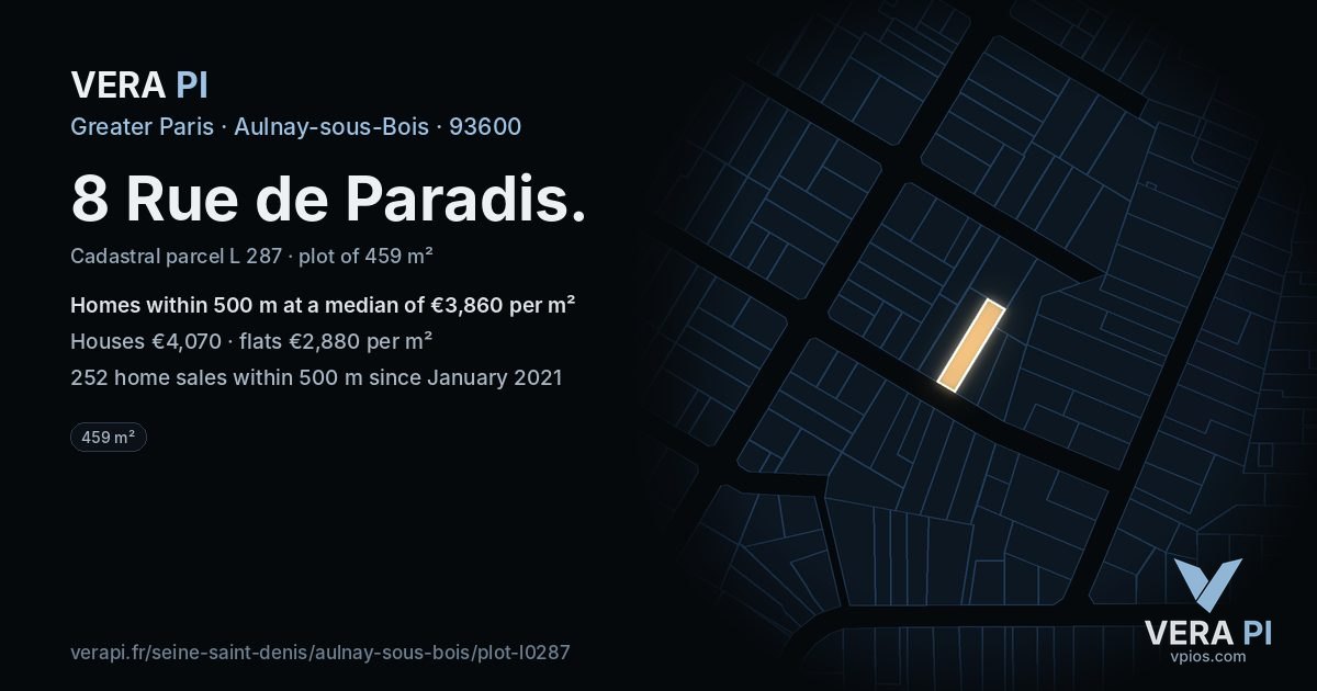 8 Rue de Paradis, Aulnay-sous-Bois at night – the plot lit, the parcels around coloured by the prices near them