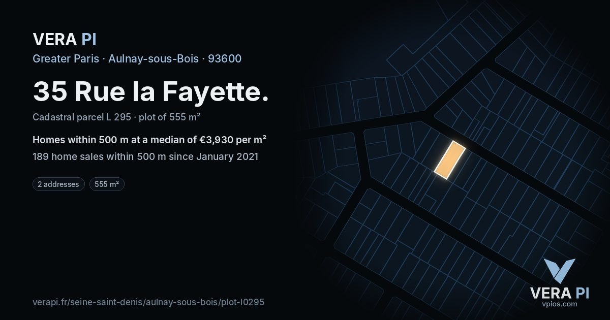 35 Rue la Fayette, Aulnay-sous-Bois at night – the plot lit, the parcels around coloured by the prices near them