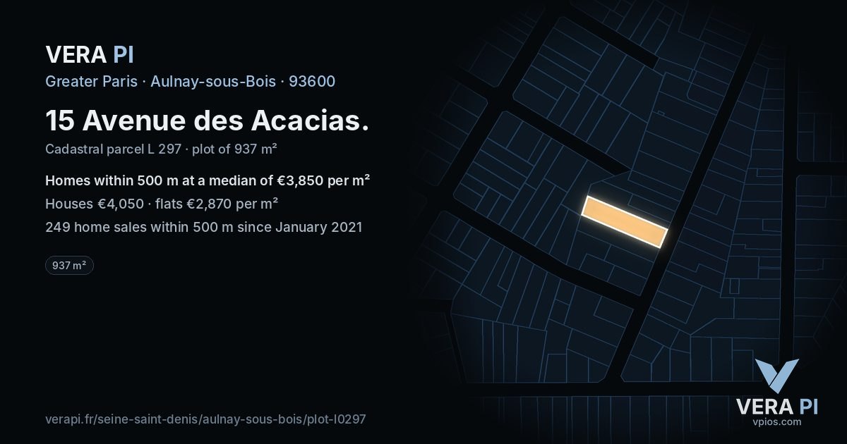 15 Avenue des Acacias, Aulnay-sous-Bois at night – the plot lit, the parcels around coloured by the prices near them