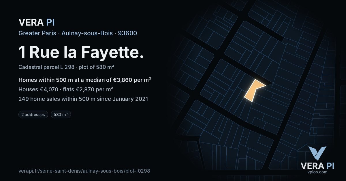 1 Rue la Fayette, Aulnay-sous-Bois at night – the plot lit, the parcels around coloured by the prices near them