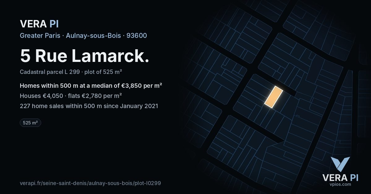 5 Rue Lamarck, Aulnay-sous-Bois at night – the plot lit, the parcels around coloured by the prices near them
