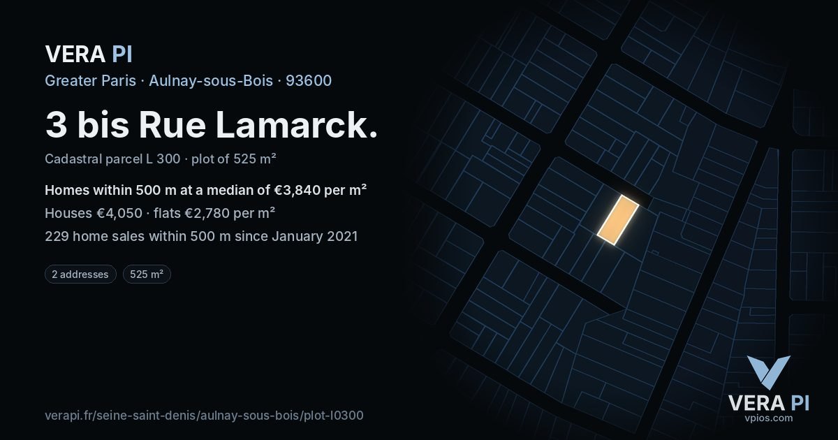 3 bis Rue Lamarck, Aulnay-sous-Bois at night – the plot lit, the parcels around coloured by the prices near them