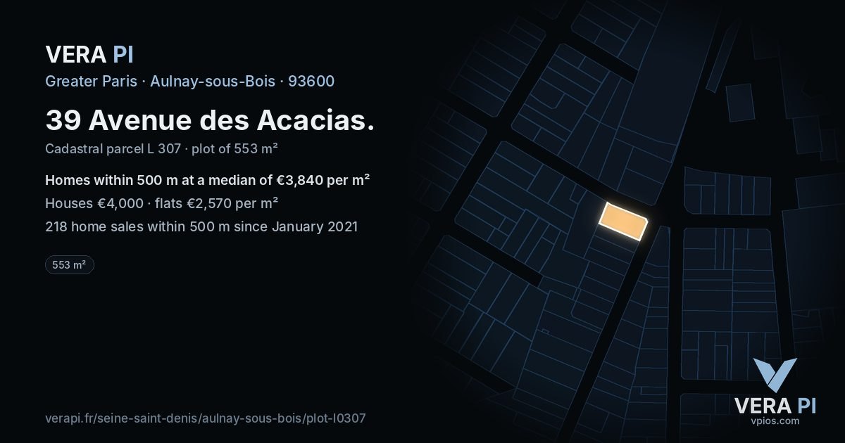 39 Avenue des Acacias, Aulnay-sous-Bois at night – the plot lit, the parcels around coloured by the prices near them