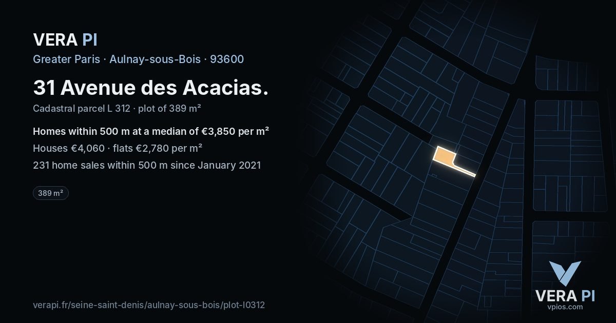 31 Avenue des Acacias, Aulnay-sous-Bois at night – the plot lit, the parcels around coloured by the prices near them