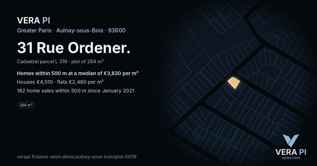 31 Rue Ordener, Aulnay-sous-Bois at night – the plot lit, the parcels around coloured by the prices near them