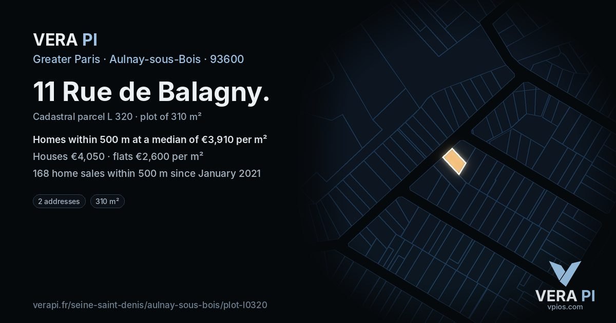 11 Rue de Balagny, Aulnay-sous-Bois at night – the plot lit, the parcels around coloured by the prices near them