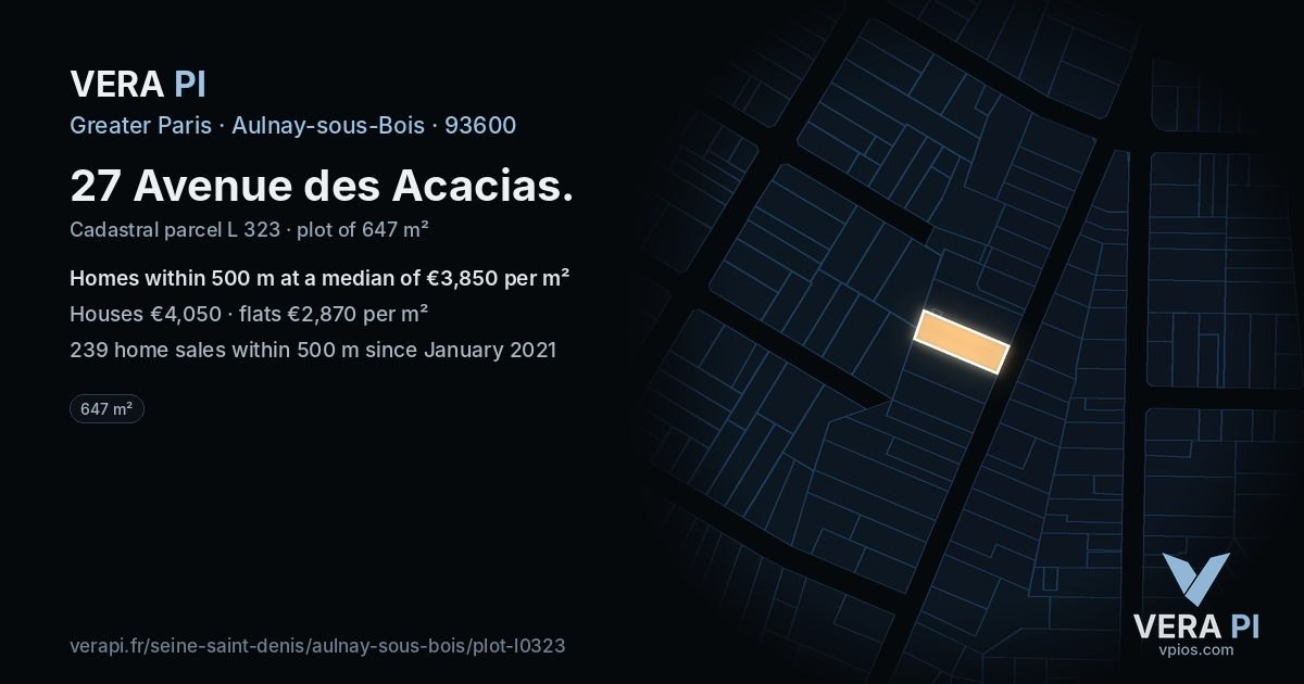 27 Avenue des Acacias, Aulnay-sous-Bois at night – the plot lit, the parcels around coloured by the prices near them